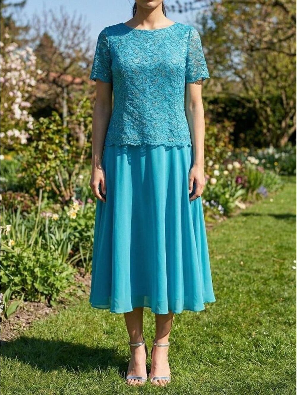 Sally Fashion #8799 Short Chiffon and Lace Formal Dress-Size 3X-Turquoise-NWT
